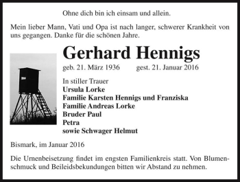 Traueranzeige von Gerhard Hennigs  von Magdeburger Volksstimme