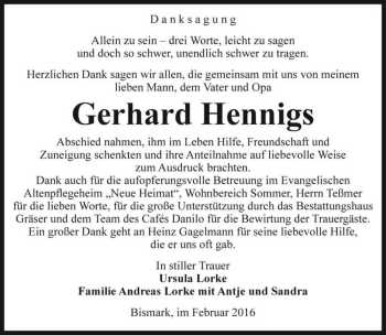Traueranzeige von Gerhard Hennigs  von Magdeburger Volksstimme