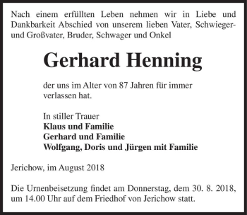 Traueranzeige von Gerhard Henning  von Magdeburger Volksstimme