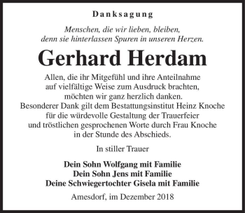 Traueranzeige von Gerhard Herdam  von Magdeburger Volksstimme