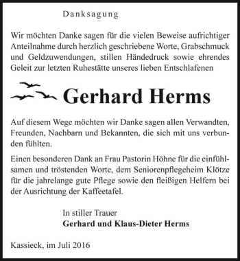 Traueranzeige von Gerhard Herms  von Magdeburger Volksstimme