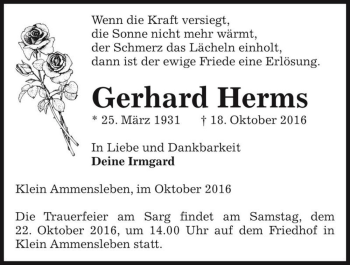Traueranzeige von Gerhard Herms  von Magdeburger Volksstimme