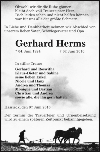 Traueranzeige von Gerhard Herms  von Magdeburger Volksstimme