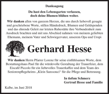 Traueranzeige von Gerhard Hesse  von Magdeburger Volksstimme