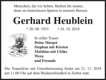 Traueranzeige von Gerhard Heublein  von Magdeburger Volksstimme