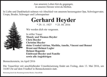 Traueranzeige von Gerhard Heyder  von Magdeburger Volksstimme