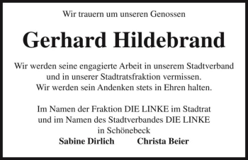 Traueranzeige von Gerhard Hildebrand  von Magdeburger Volksstimme