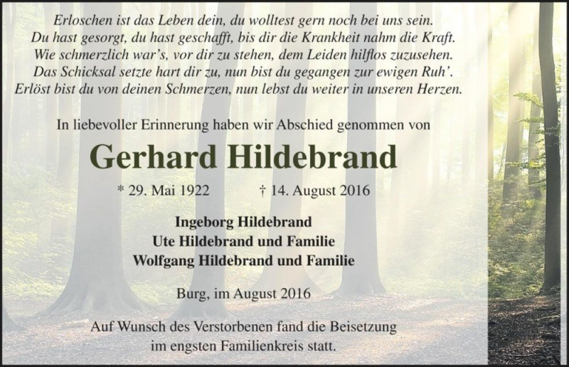  Traueranzeige für Gerhard Hildebrand  vom 27.08.2016 aus Magdeburger Volksstimme