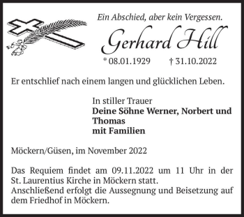 Traueranzeige von Gerhard Hill  von Magdeburger Volksstimme