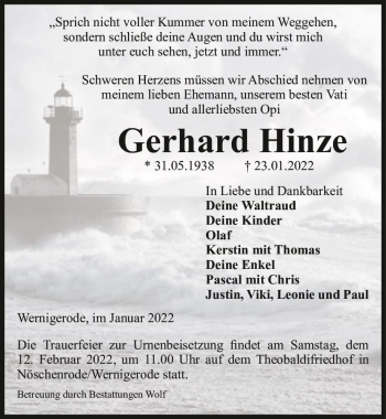 Traueranzeige von Gerhard Hinze  von Magdeburger Volksstimme