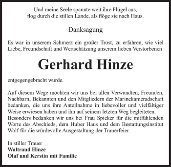 Traueranzeige von Gerhard Hinze  von Magdeburger Volksstimme
