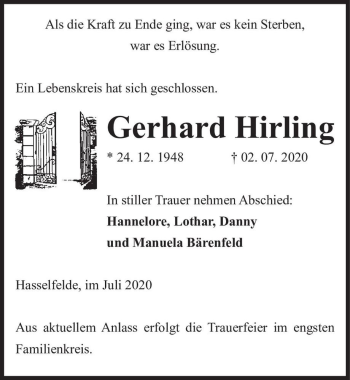 Traueranzeige von Gerhard Hirling  von Magdeburger Volksstimme