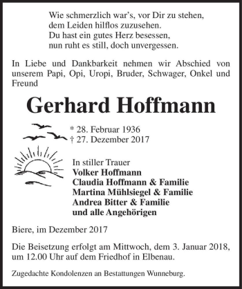 Traueranzeige von Gerhard Hoffmann  von Magdeburger Volksstimme