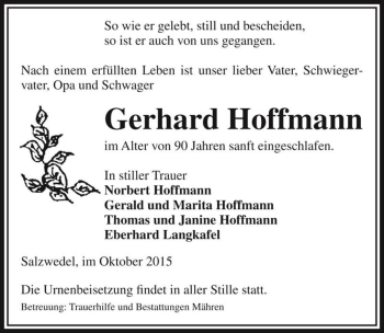 Traueranzeige von Gerhard Hoffmann  von Magdeburger Volksstimme