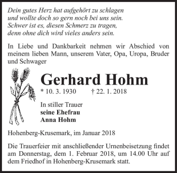 Traueranzeige von Gerhard Hohm  von Magdeburger Volksstimme