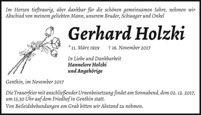  Traueranzeige für Gerhard Holzki  vom 22.11.2017 aus Magdeburger Volksstimme