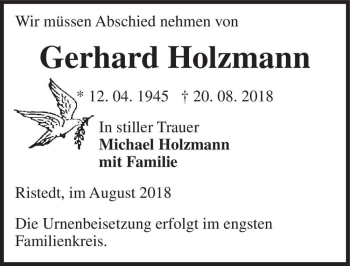Traueranzeige von Gerhard Holzmann  von Magdeburger Volksstimme