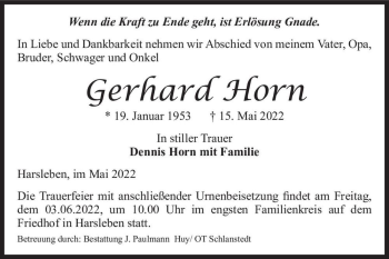 Traueranzeige von Gerhard Horn  von Magdeburger Volksstimme