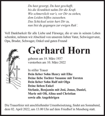 Traueranzeige von Gerhard Horn  von Magdeburger Volksstimme