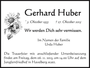Traueranzeige von Gerhard Huber  von Magdeburger Volksstimme
