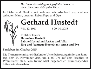 Traueranzeige von Gerhard Hustedt  von Magdeburger Volksstimme