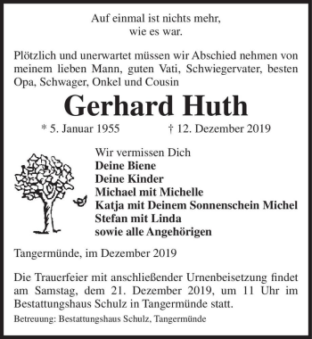 Traueranzeige von Gerhard Huth  von Magdeburger Volksstimme