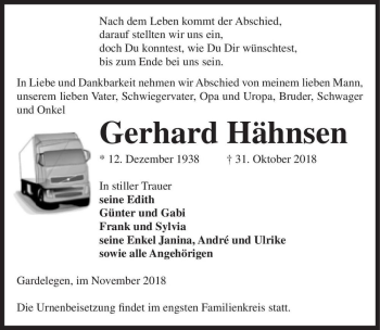 Traueranzeige von Gerhard Hähnsen  von Magdeburger Volksstimme