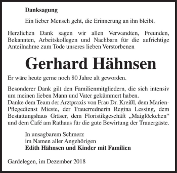 Traueranzeige von Gerhard Hähnsen  von Magdeburger Volksstimme