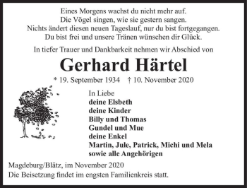 Traueranzeige von Gerhard Härtel  von Magdeburger Volksstimme