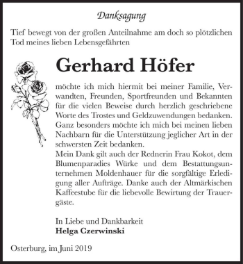 Traueranzeige von Gerhard Höfer  von Magdeburger Volksstimme