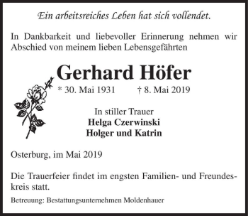 Traueranzeige von Gerhard Höfer  von Magdeburger Volksstimme