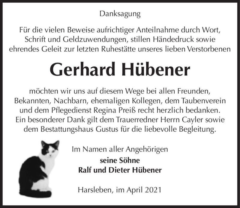  Traueranzeige für Gerhard Hübener  vom 24.04.2021 aus Magdeburger Volksstimme