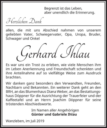 Traueranzeige von Gerhard Ihlau  von Magdeburger Volksstimme