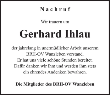 Traueranzeige von Gerhard Ihlau  von Magdeburger Volksstimme