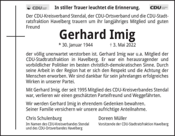 Traueranzeige von Gerhard Imig  von Magdeburger Volksstimme