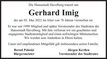 Traueranzeige von Gerhard Imig  von Magdeburger Volksstimme