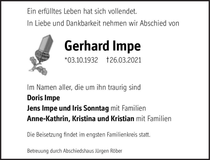  Traueranzeige für Gerhard Impe  vom 03.04.2021 aus Magdeburger Volksstimme