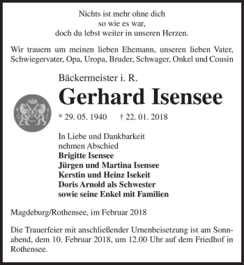 Traueranzeige von Gerhard Isensee  von Magdeburger Volksstimme