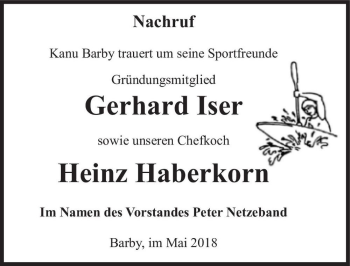 Traueranzeige von Gerhard Iser, Heinz Haberkorn  von Magdeburger Volksstimme