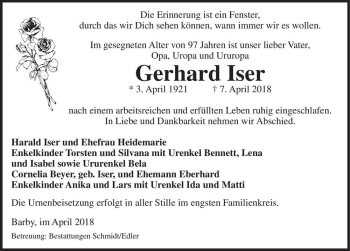Traueranzeige von Gerhard Iser  von Magdeburger Volksstimme