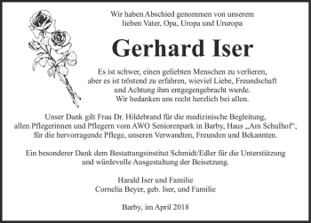 Traueranzeige von Gerhard Iser  von Magdeburger Volksstimme