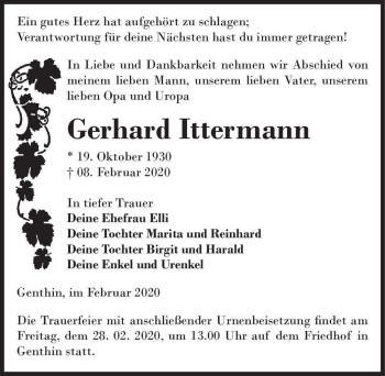 Traueranzeige von Gerhard Itterman  von Magdeburger Volksstimme