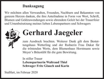 Traueranzeige von Gerhard Jaegeler  von Magdeburger Volksstimme