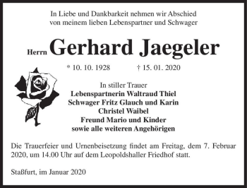 Traueranzeige von Gerhard Jaegeler  von Magdeburger Volksstimme