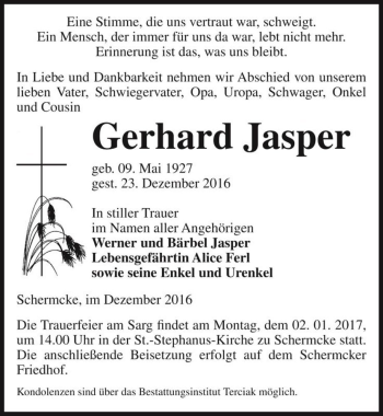 Traueranzeige von Gerhard Jasper  von Magdeburger Volksstimme