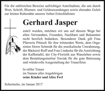 Traueranzeige von Gerhard Jasper  von Magdeburger Volksstimme