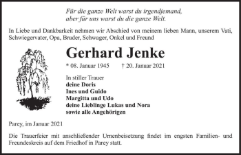 Traueranzeige von Gerhard Jenke  von Magdeburger Volksstimme