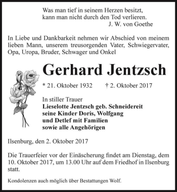 Traueranzeige von Gerhard Jentzsch  von Magdeburger Volksstimme