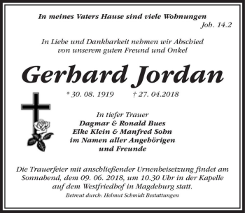Traueranzeige von Gerhard Jordan  von Magdeburger Volksstimme