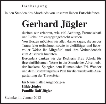 Traueranzeige von Gerhard Jügler  von Magdeburger Volksstimme